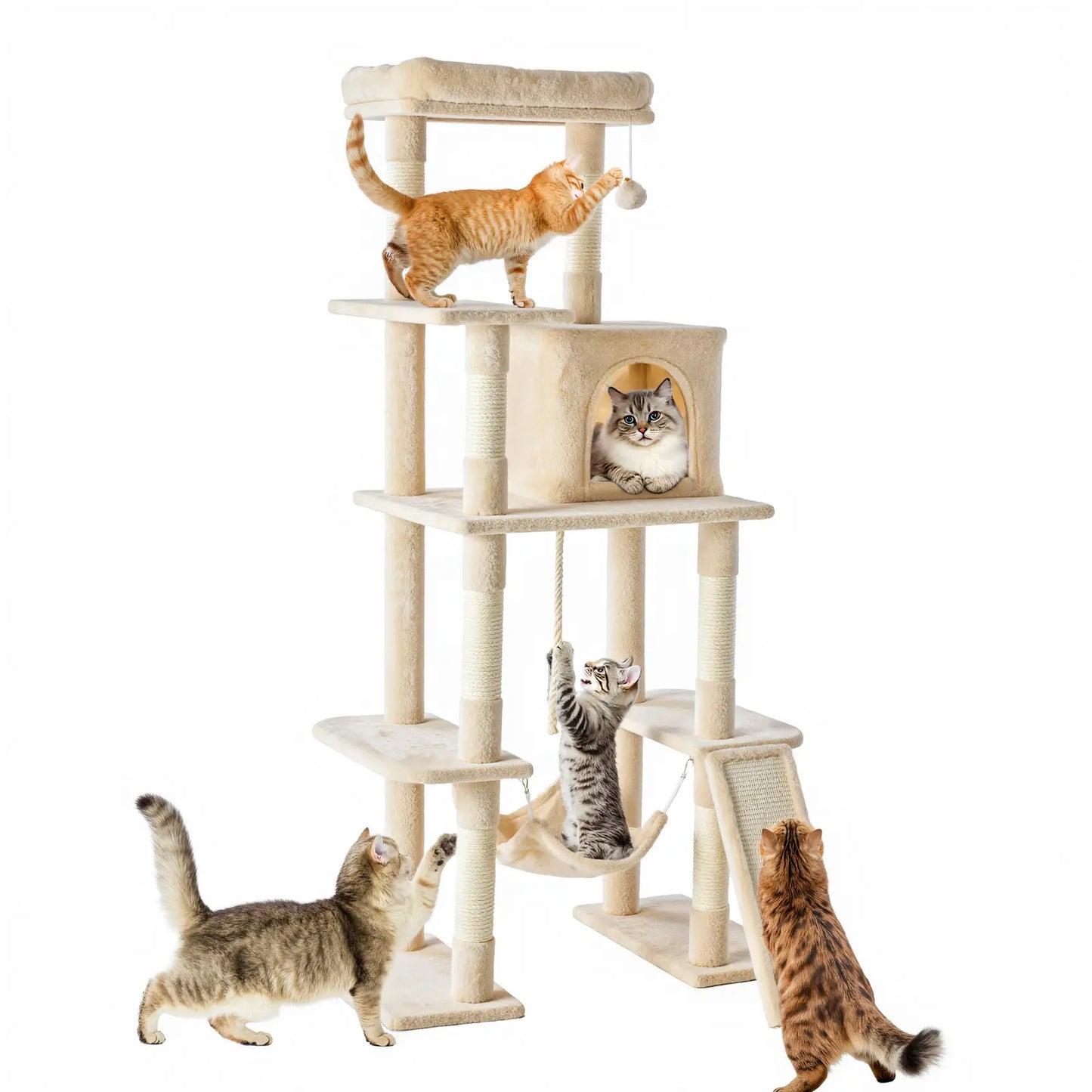63-Inch Multi-Level Cat Tree Tower with Natural Sisal Scratching Post