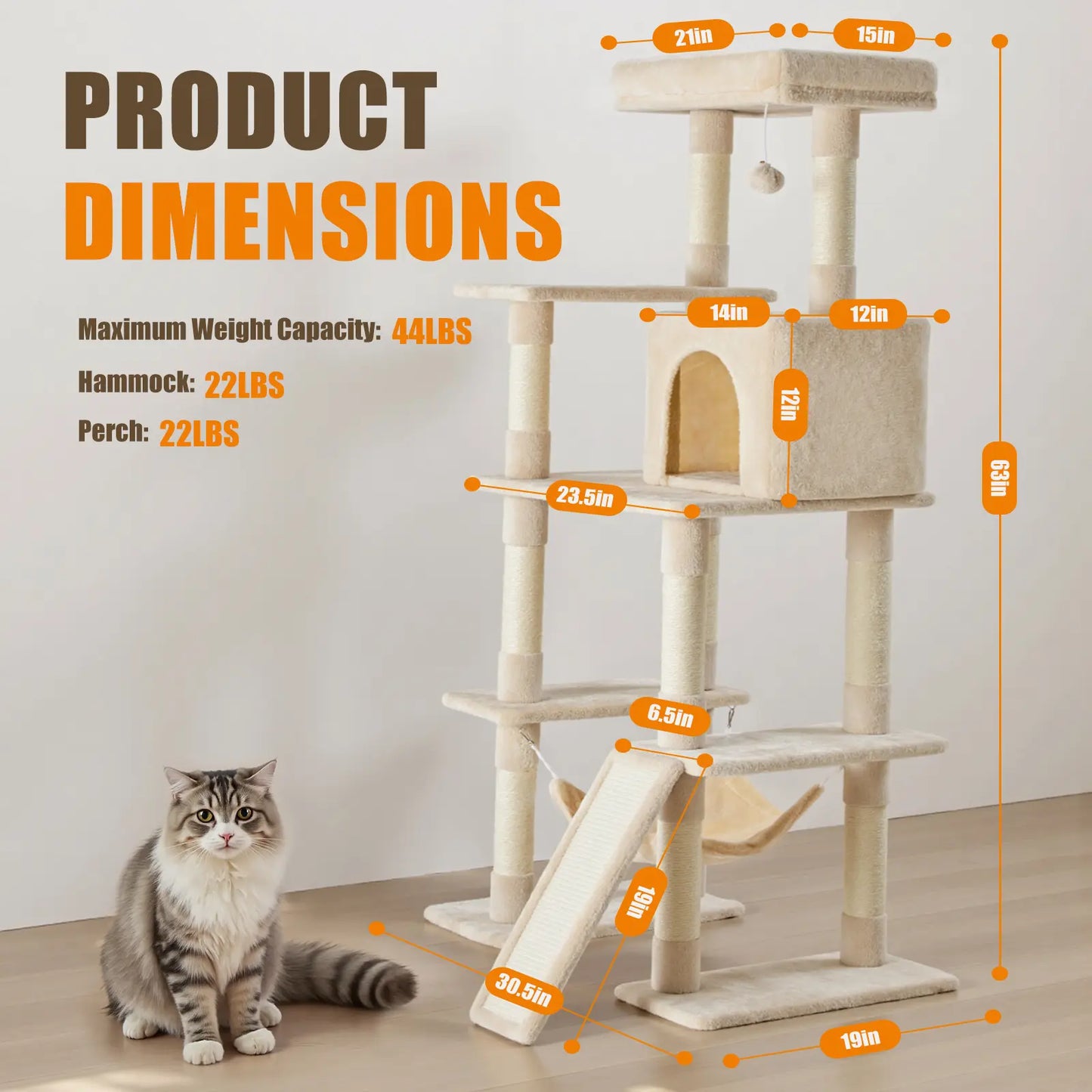 63-Inch Multi-Level Cat Tree Tower with Natural Sisal Scratching Post