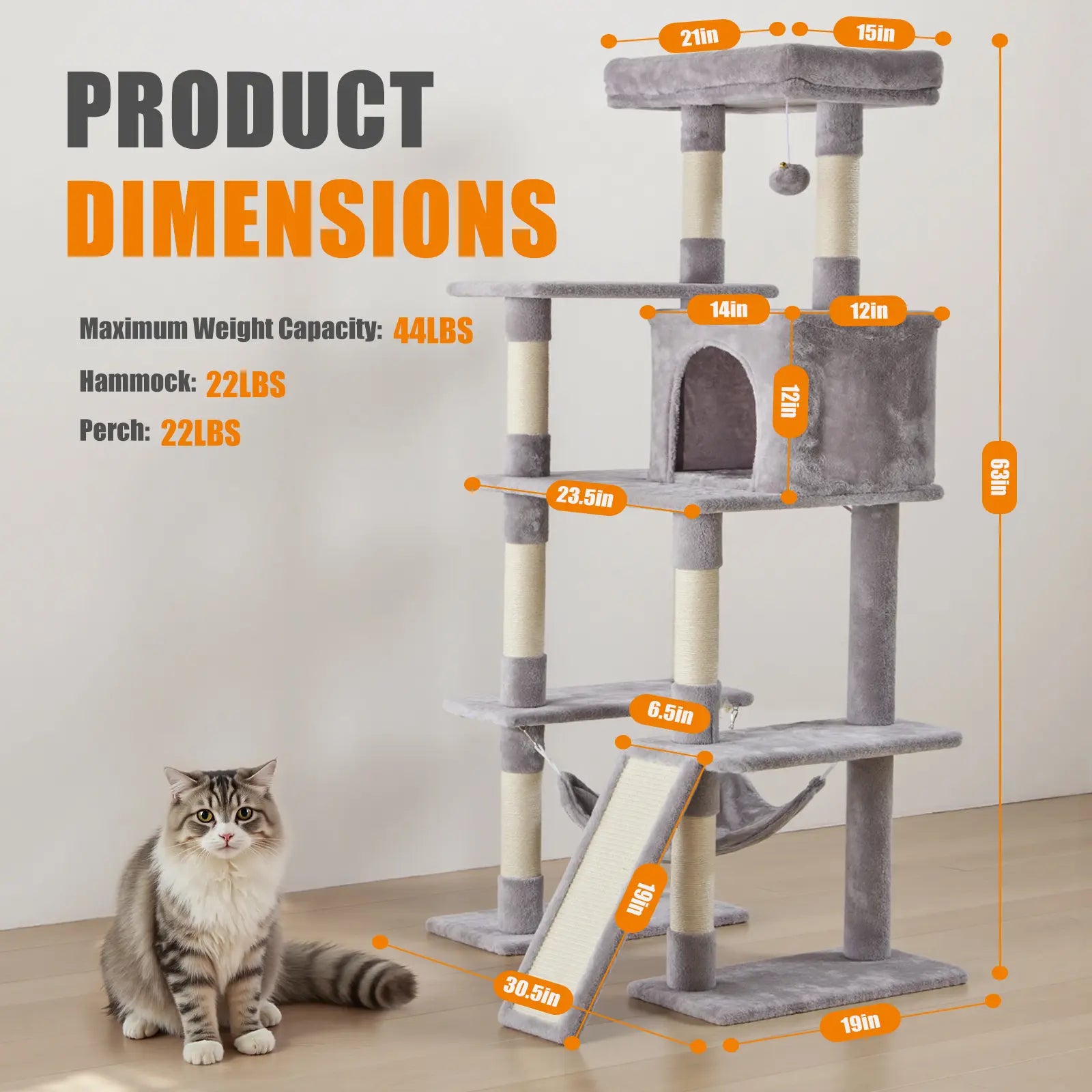 63-Inch Multi-Level Cat Tree Tower with Natural Sisal Scratching Post