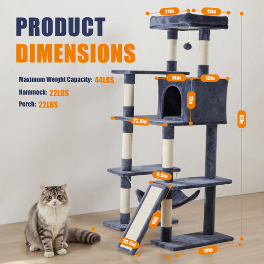 63-Inch Multi-Level Cat Tree Tower with Natural Sisal Scratching Post