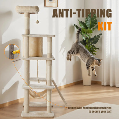 63-Inch Multi-Level Cat Tree Tower with Natural Sisal Scratching Post