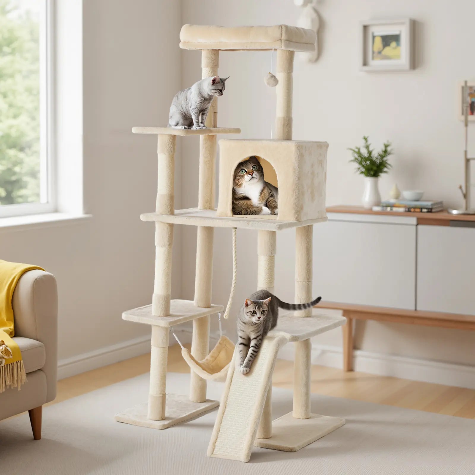 63-Inch Multi-Level Cat Tree Tower with Natural Sisal Scratching Post