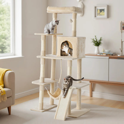63-Inch Multi-Level Cat Tree Tower with Natural Sisal Scratching Post