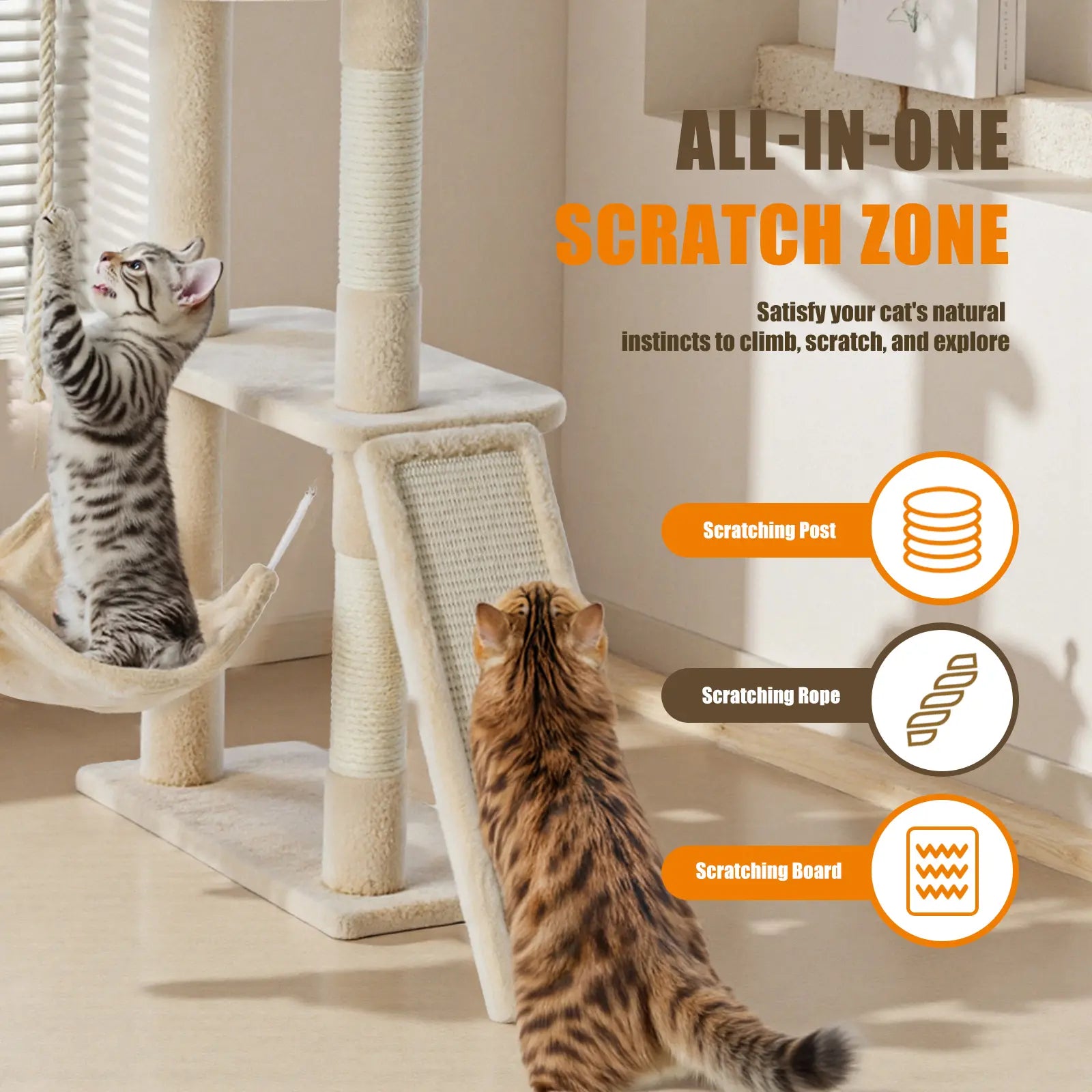63-Inch Multi-Level Cat Tree Tower with Natural Sisal Scratching Post