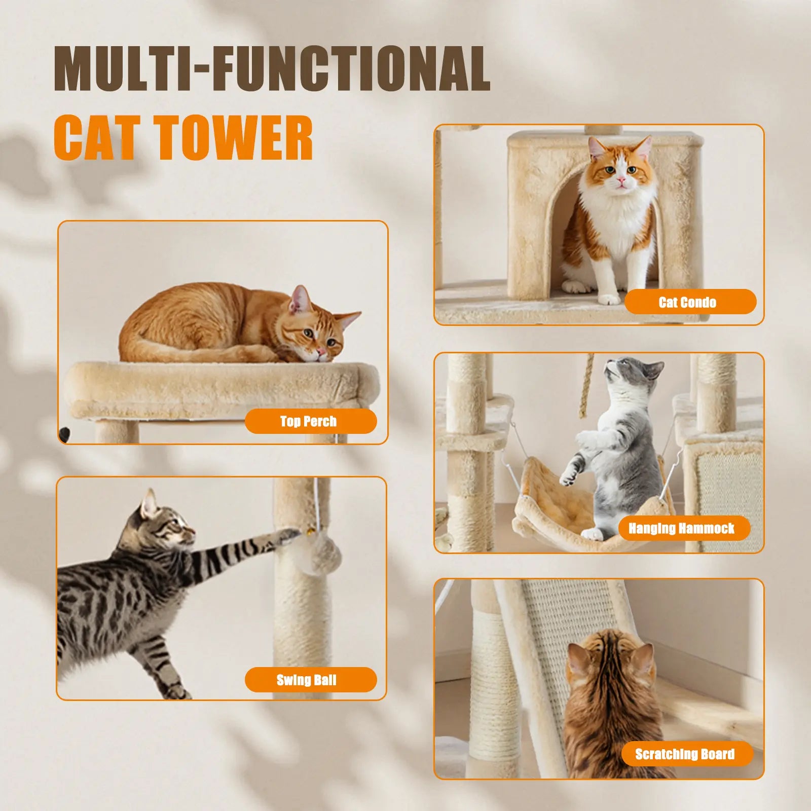 63-Inch Multi-Level Cat Tree Tower with Natural Sisal Scratching Post